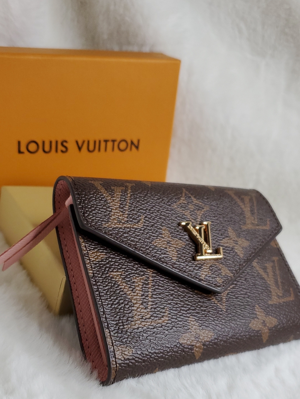 Monogram Compact Wallet with Pink Trim and Gold LV Hardware